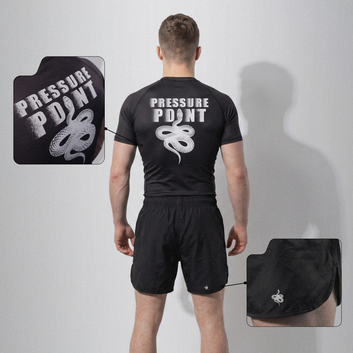 Kuzushi Kit Bundle, rashguard and fight shorts on model with detail close-ups, back