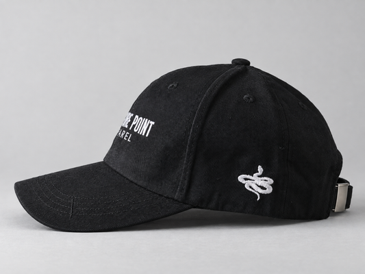 Pressure Point Embroidered Cap, side view with the embroidered snake