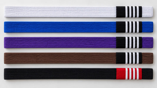 The five adult BJJ belts in order: white, blue, purple, brown and black, each with stripes on the rank bar