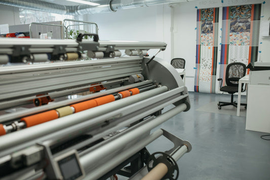 Roll-to-roll textile printing machine in a fabric printing workshop
