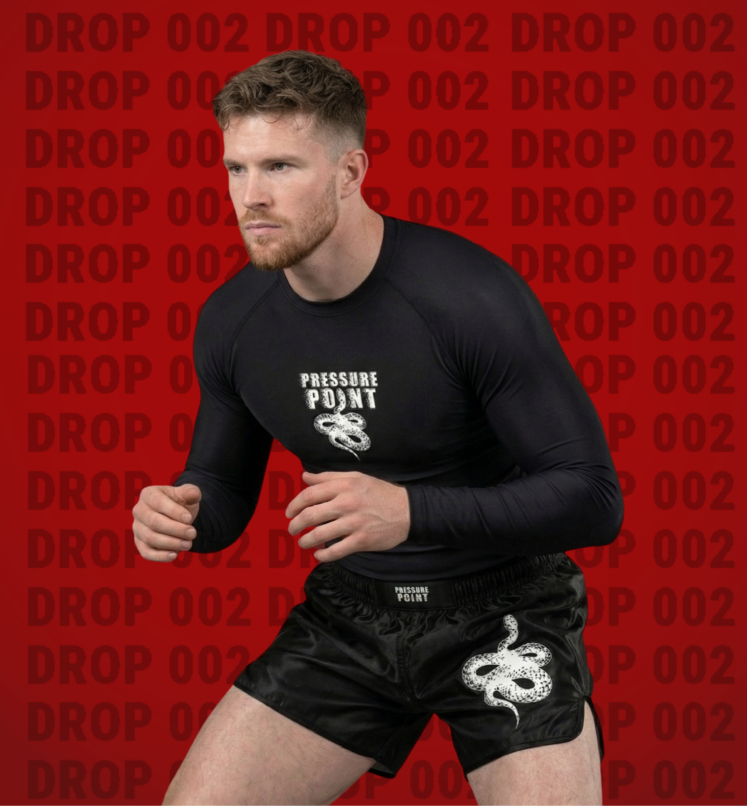 Person wearing a black athletic outfit with 'Pressure Point' branding on a red background with 'DROP 002' text.