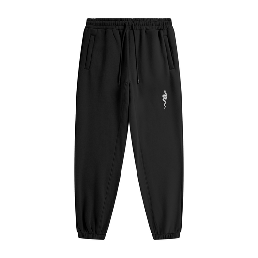 Ranked Black Heavyweight Joggers, front with the snake on the thigh