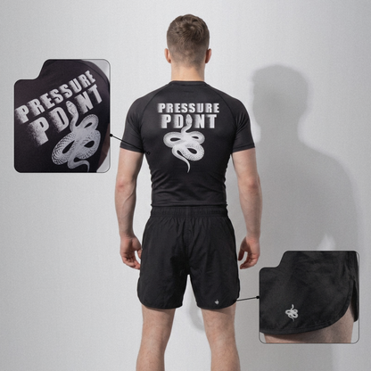 Kuzushi Kit Bundle, rashguard and fight shorts on model with detail close-ups, back