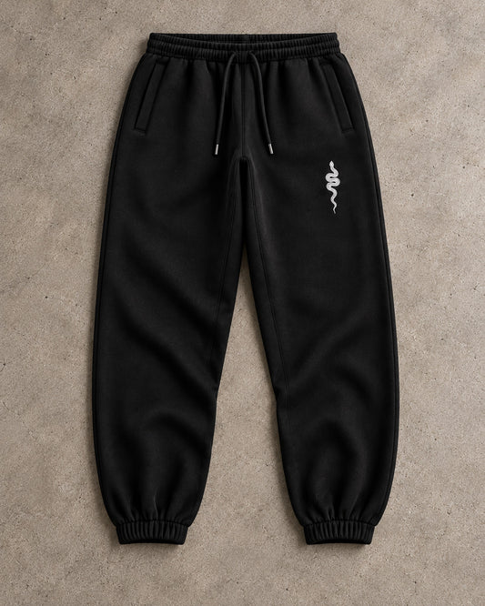 Ranked Black Heavyweight Joggers, front with the snake on the thigh