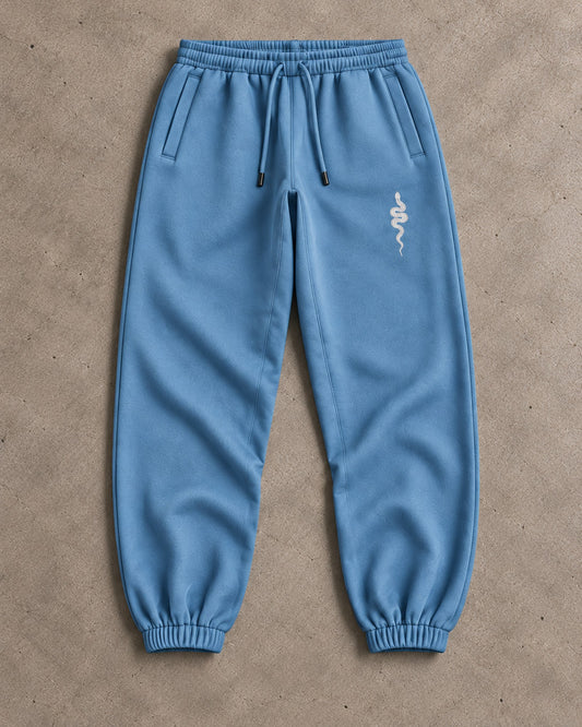 Ranked Blue Heavyweight Joggers, front with the snake on the thigh