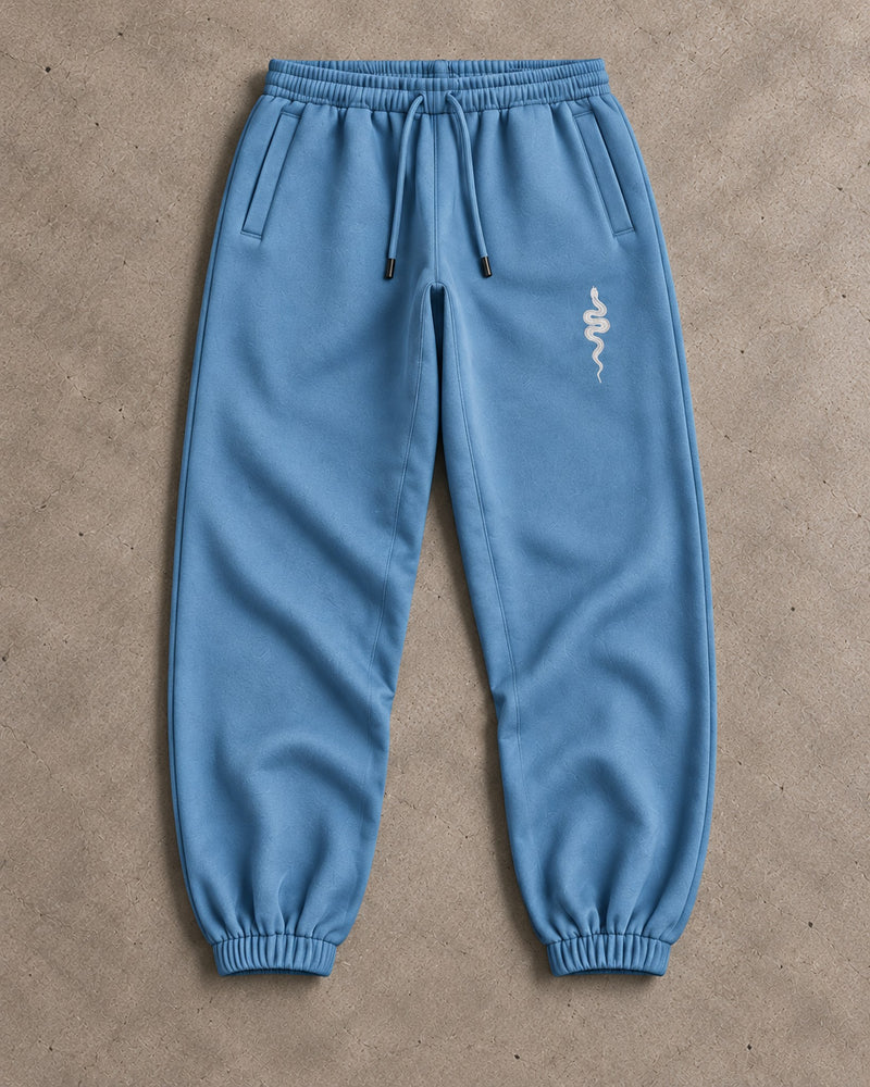 Ranked Blue Heavyweight Joggers, front with the snake on the thigh