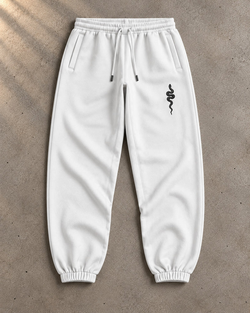 Ranked White Heavyweight Joggers, front with the snake on the thigh