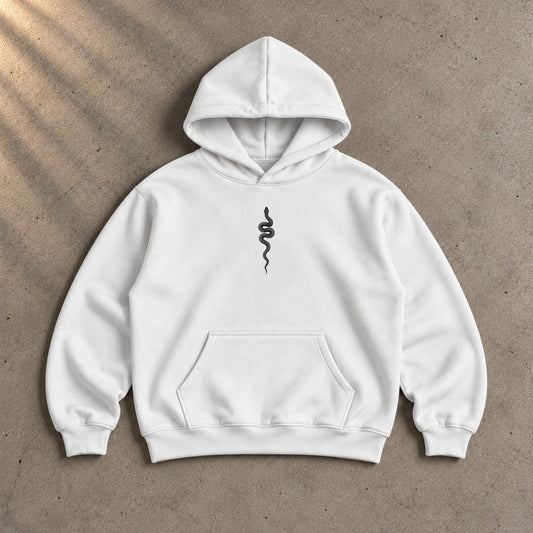 Ranked White Oversized Hoodie, front with the snake on the chest