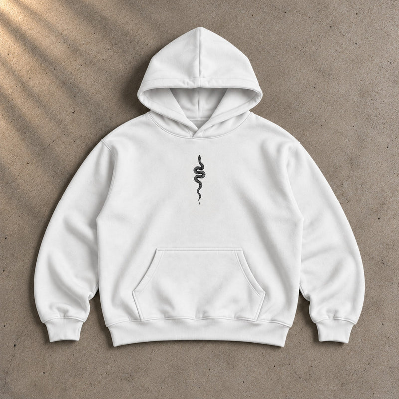 Ranked White Oversized Hoodie, front with the snake on the chest